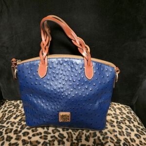 Dooney & Bourke Small Blue Ostrich Satchel with Brown Trim